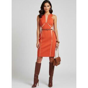 NWT Three Floor Mesh Mini Shift Dress Woolblend Deep Orange Nude Womens Size 6